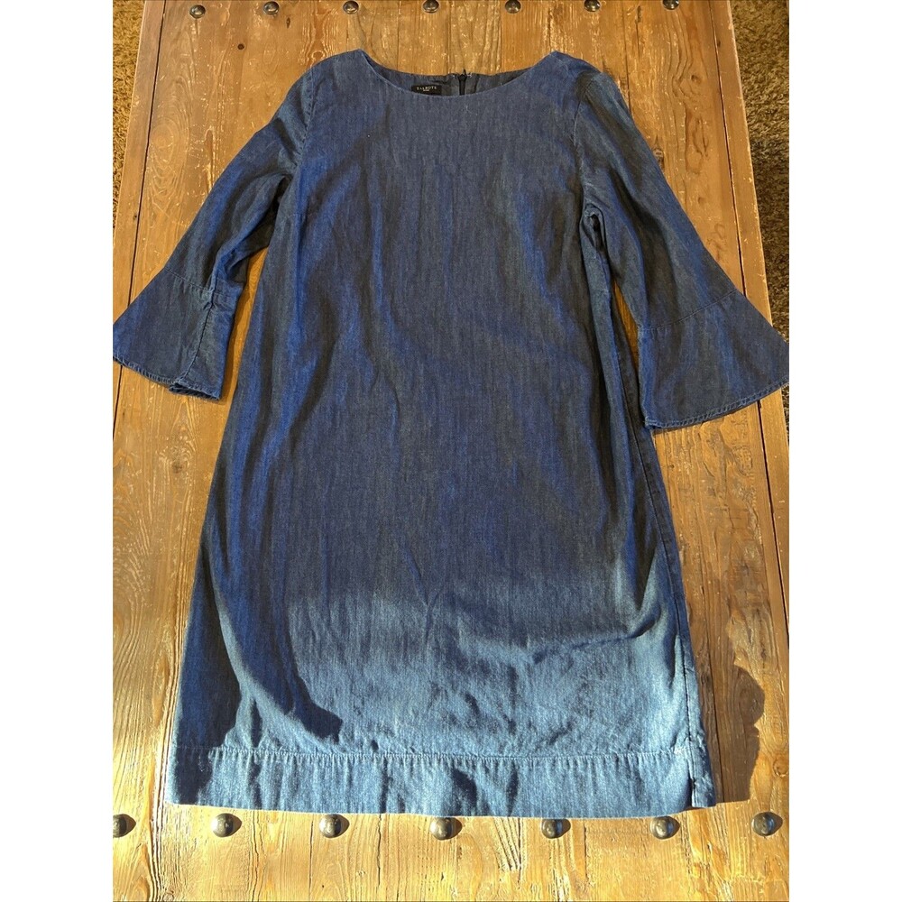 Talbots Women’s 12P Petite Denim Chambray Shift Dress Blue Bell Sleeve